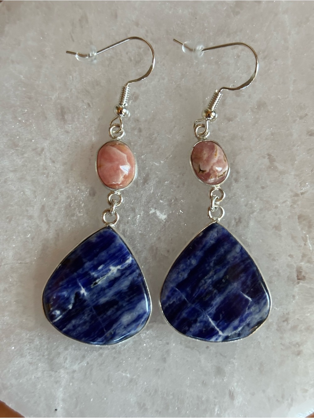 Sodalite & Rhodochrosite Crystal Gemstone Earrings – Blue & Pink Natural Stone